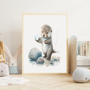 Kinderbild "Otter mit Stein" Poster auf mattem Premium-Papier, Kinderzimmer, Tierposter, Deko, Wanddeko.