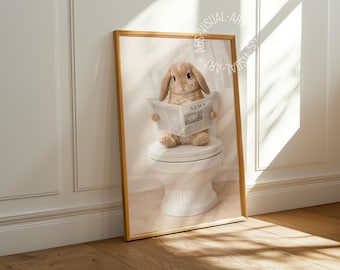 Bathroom "Rabbit reading newspaper" poster on matte premium paper, decoration, wall decoration.