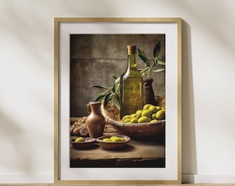 Keukenposter "Olijven & Olijfolie" op mat premium papier, decoratie, wanddecoratie.