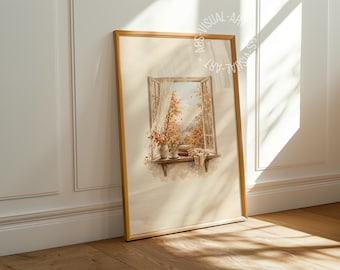 Pôster com imagem de outono "Janela de Outono" em papel fosco premium, decoração para parede.