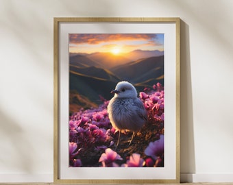 Nature picture "Bird and Flowers" poster on matte premium paper, decoration, wall decoration.