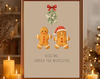 Kerstposter "Kiss Me Under The Mistletoe" op mat premium papier, decoratie, wanddecoratie.