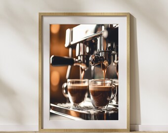 Keukenafbeelding "Koffiemachine" poster op mat premium papier, decoratie, wanddecoratie.
