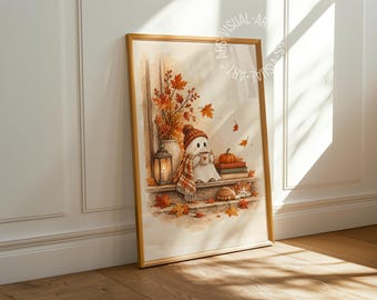 Pôster com imagem de outono "Fantasma com uma xícara de chá" em papel fosco premium, decoração para parede.