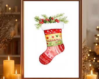 Kerstfoto "Kerstsok met dennenboom en rode besjes" poster op mat premium papier, decoratie, wanddecoratie.