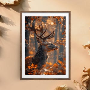 Herbstbild "Hirsch" Poster auf matten Premium-Papier, Deko, Wanddeko.
