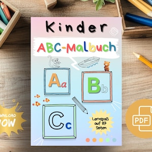 Puede incluir: Un libro para colorear ABC para niños titulado "Kinder ABC-Malbuch" en negro y verde. La portada presenta ilustraciones coloridas de letras, animales y un barco. El libro está diseñado para aprender y divertirse.