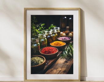 Keukenposter met de tekst "Kruidenkommetjes & oliën" op mat premium papier, decoratie, wanddecoratie.