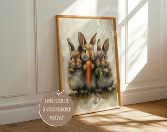 Easter "Bunny Trio" poster on matte premium paper, decoration, wall decoration
