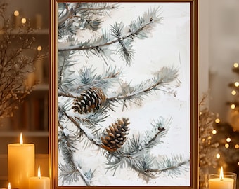 Kerstfotoposter "Tak met dennenappel" op mat premium papier, decoratie, wanddecoratie.