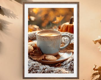 Autumn picture "Coffee for Autumn" poster on matte premium paper, decoration, wall decoration.