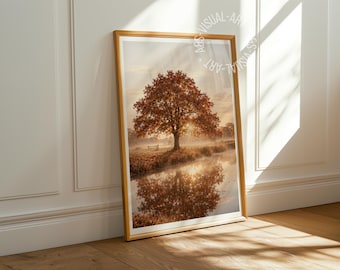 Pôster com imagem de outono "Árvore de outono - Moldura branca" em papel fosco premium, decoração para parede.