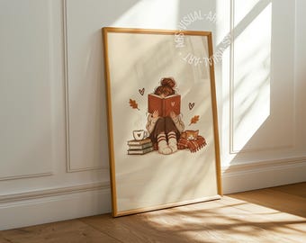 Pôster com imagem de outono "Menina lendo" em papel fosco premium, decoração para parede.