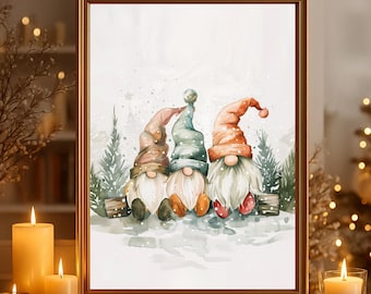 Kerstfotoposter "Gnome Friends" op mat premium papier, decoratie, wanddecoratie.