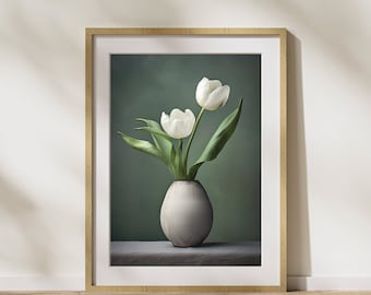 Bloemenafbeelding "Witte Tulpen #3" poster op mat premium papier, decoratie, wanddecoratie.