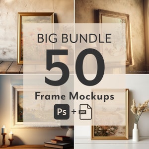 Könnte beinhalten: Eine Collage aus vier Bildern, die 50 Rahmen-Mockups für digitales Design zeigen. Die Bilder zeigen verschiedene Rahmen in verschiedenen Stilen und Farben, darunter Gold, Silber und Holz. Der Text "BIG BUNDLE 50 Frame Mockups Ps + JPG" wird in der Mitte der Collage angezeigt.