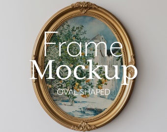 Oval Frame Mockup, Rounded Gold Vintage Frame on Neutral Wall, Easy PSD + JPG | 092