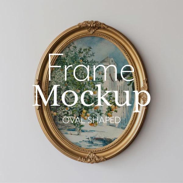 Oval Frame Mockup, Rounded Gold Vintage Frame on Neutral Wall, Easy PSD + JPG | 092