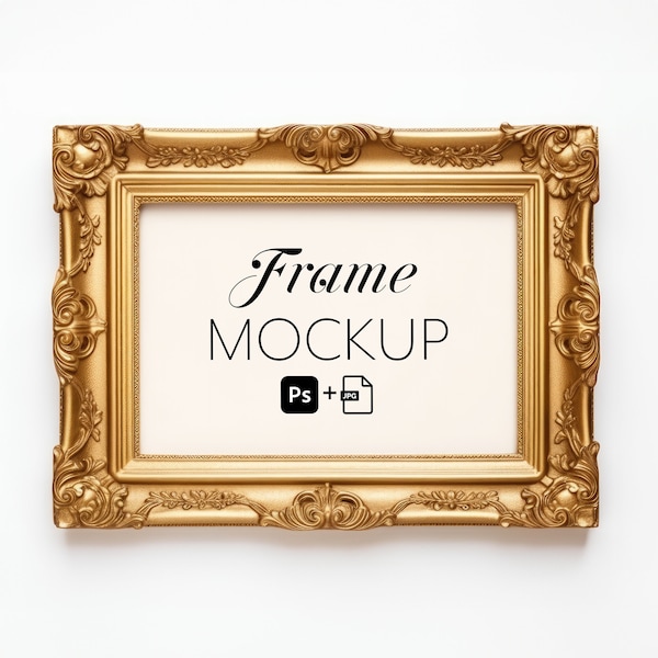 Gold Frame Mockup, Vintage 3x2 Ornate Frame Mockup Baroque, Easy PSD with Smart Object Layer