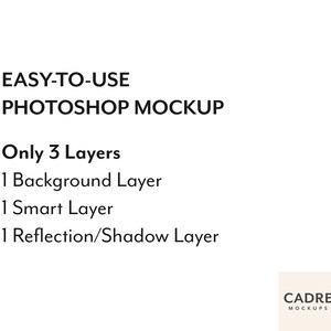 May include: Text that reads "EASY-TO-USE PHOTOSHOP MOCKUP" and "Only 3 Layers" with a list of layers: 1 Background Layer, 1 Smart Layer, 1 Reflection/Shadow Layer. A logo for CADRE MOCKUPS is in the bottom right corner.