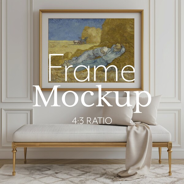 Picture Frame Mockup for Photoshop, 4x3 Horizontal Gold Frame with Mat Board in Classic European Interior Scene | 154