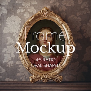 Mockup cornice ovale, cornice dorata antica arrotondata su carta da parati vintage, PSD + JPG / 147 semplice