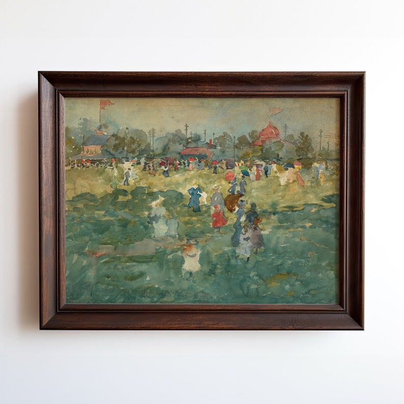May include: A framed watercolor painting depicting a crowd of people gathered in a field. The people are dressed in colorful clothing and are walking, talking, and enjoying the day. The painting is set against a backdrop of trees and buildings, and the sky is a soft blue.