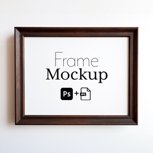May include: A brown wooden picture frame with a white mat and the text "Frame Mockup" and "Ps + JPG" in black.