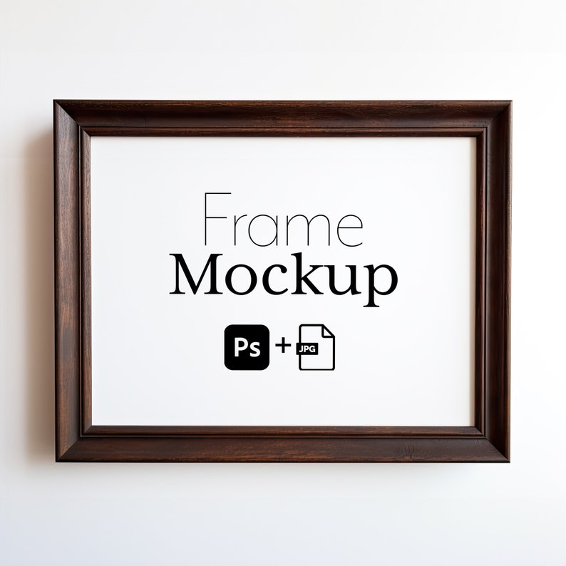 May include: A brown wooden picture frame with a white mat and the text "Frame Mockup" and "Ps + JPG" in black.