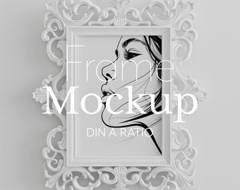 Picture Frame Mockup, White Ornate Frame on Neutral Wall, Rococo Frame Mockup, DIN A Ratio | 142