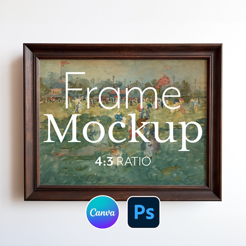 May include: A brown wooden frame with a 4:3 ratio, holding a watercolor painting of a crowded outdoor scene. The painting depicts a group of people gathered in a grassy field, with a red building in the background. The text "Frame Mockup" is superimposed on the image.