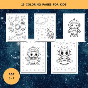 Op de afbeelding: 15 zwart-wit kleurplaten voor kinderen van 3-7 jaar met ruimtethema's zoals astronauten, raketten, planeten en sterren.