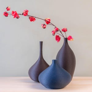 Op de afbeelding: Drie getextureerde vazen in bruin- en blauwtinten staan op een lichtgekleurd oppervlak. Een tak met felrode bloemen buigt over de vazen en voegt een vleugje kleur toe. De vazen variëren in vorm en grootte.