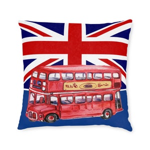 Square Pillow - Pink Back Union Jack London red bus Old timer