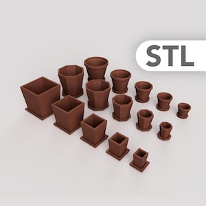 Miniature Plant Pots Set with Matching Saucers – Dollhouse Planters 1:12 Scale STL Files – Round Octagon Square Pots Bundle