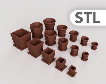 Set di vasi per piante in miniatura con sottovasi abbinati – File STL per fioriere per case delle bambole in scala 1:12 – Pacchetto di vasi quadrati rotondi ottagonali