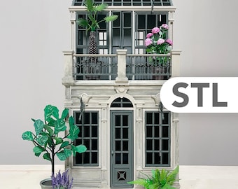 Boutique de fleurs victorienne à l'échelle 1:12 – Maison de poupée de 2 étages avec fenêtres ouvrantes, balcon et véranda, bâtiment imprimable