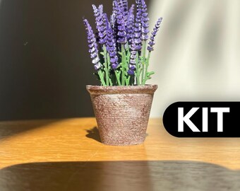 以下が含まれることがあります： 鮮やかな紫色のラベンダーの枝と緑の茎を持つ小さな鉢植え。質感のある風化した茶色のテラコッタ風の鉢に入っています。黒い角丸の背景に、白い大文字で「KIT」という文字が表示されています。
