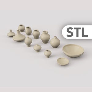 Miniature Pottery Set STL – Handmade Ceramic Style Dollhouse Pots / Vases  1:12 Scale – 12 Piece Printable Bundle