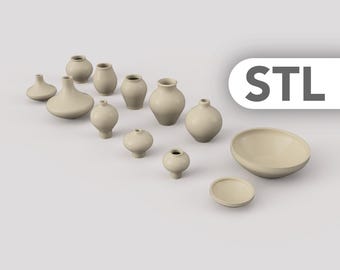 ミニチュア陶器セット STL – 手作り陶器風ドールハウス鉢/花瓶 1:12スケール – 12ピース印刷可能バンドル