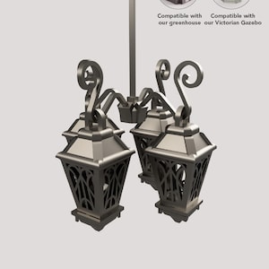 May include: A silver-toned chandelier with four ornate, lantern-style lights. Each lantern features a decorative, openwork design. The image includes text that reads "Compatible with our greenhouse" and "Compatible with our Victorian Gazebo."