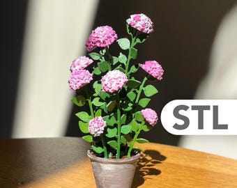 ミニチュア紫陽花（STL 1:12） – ドールハウス用鉢植え花（受け皿付き） – 印刷可能なガーデンプラント – リアルな花の装飾