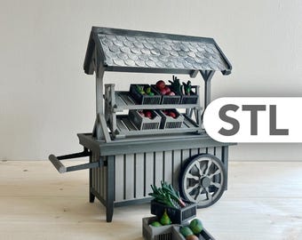 以下が含まれることがあります： 傾斜した屋根と2つの棚に商品が並んだ、ミニチュアのグレーの市場カート。カートには車輪とハンドルが付いています。画像右側には「STL」の文字が見えます。