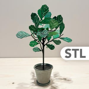 Può includere: Una pianta di fico a foglia di violino stampata in 3D con foglie testurizzate verde scuro e un sottile fusto nero, piantata in un piccolo vaso grigio con sottovaso abbinato. Le lettere STL sono visualizzate in un rettangolo bianco arrotondato.