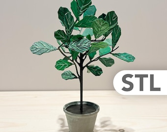 以下が含まれることがあります： 3Dプリントされたカシワバゴムノキの植物で、濃い緑色の質感のある葉と細い黒い茎を持ち、お揃いの受け皿が付いた小さな灰色の鉢に植えられています。右側の白い角丸長方形の中に「STL」という文字が表示されています。