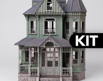 Kit de maison de poupée victorienne de luxe Queen Anne à l'échelle 1:12, imprimé en 3D et à monter soi-même - Maison de poupée miniature haut de gamme avec jardin d'hiver et rangement secret