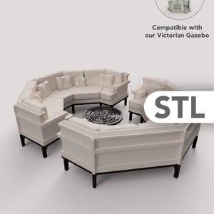 May include: A modular off-white sectional sofa set with dark brown legs, arranged in a semi-circular configuration around a round black coffee table with a decorative metal top. The text "STL" and "Compatible with our Victorian Gazebo" are visible.