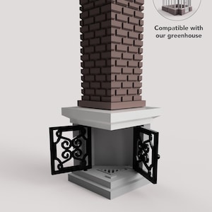 May include: A decorative outdoor structure with a brick pillar and a white base. The base features two open black doors with ornate scrollwork. The text "Compatible with our greenhouse" is displayed next to a greenhouse illustration.