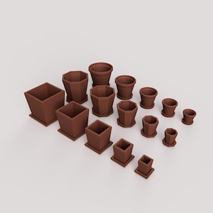 May include: A collection of terracotta-colored plant pots in various shapes and sizes. The pots include square, octagonal, and round designs, each with a matching saucer. The arrangement showcases a range of sizes, suitable for different plants.