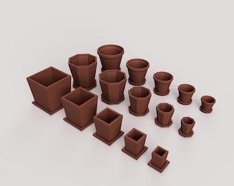 Set di vasi per piante in miniatura con sottovasi abbinati – File STL per fioriere per case delle bambole in scala 1:12 – Pacchetto di vasi quadrati rotondi ottagonali